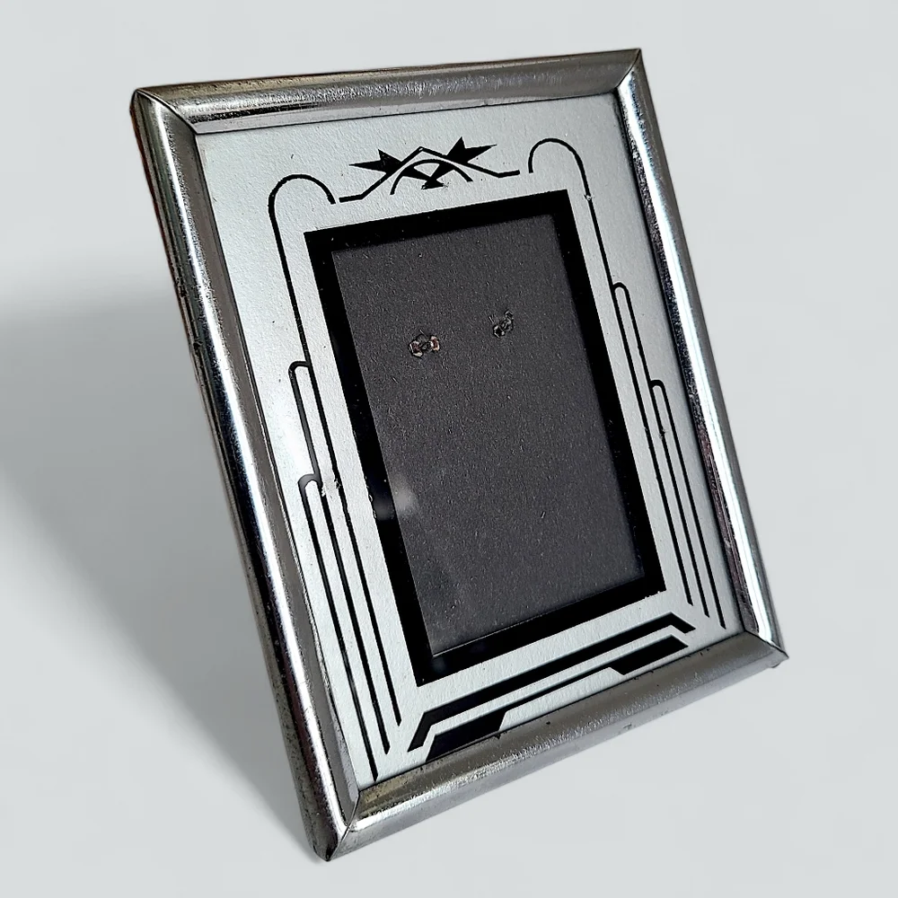 Art Deco Reverse Painted Picture Frame 4x5 Silver Fits 2x3 Photo Portrait Easel